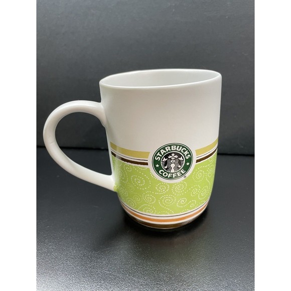 2 Starbucks Cups/ Mugs Mermaid Logo 2008 Green White Brown Orange Stripes - Picture 4 of 4